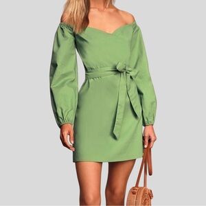 Lulu’s Pure Serenity Green Off-the-Shoulder Puff Sleeve Mini Dress